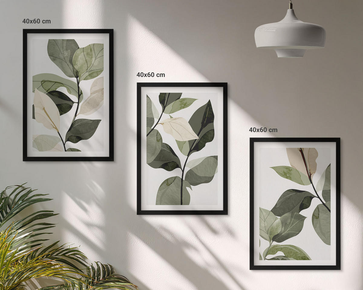 WANDBILDER 3er-Set - 40x60 cm Schwarzer Rahmen - Bemalte Boho-Pflanzenblätter - Schwarz, Kunststoff (40/60cm) - ArtPrintCave
