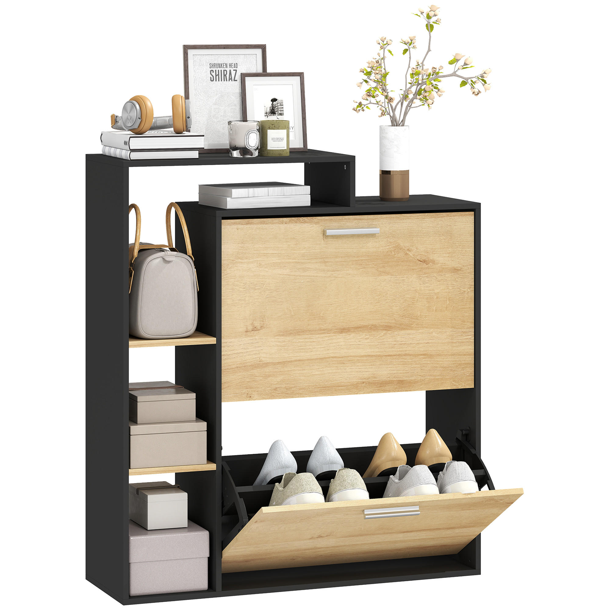 SCHUHSCHRANK Schwarz Natur Holzwerkstoff klappbar mit Fächern 1 Stück - Schwarz, Holzwerkstoff (80/90/26cm) - PANGIVO