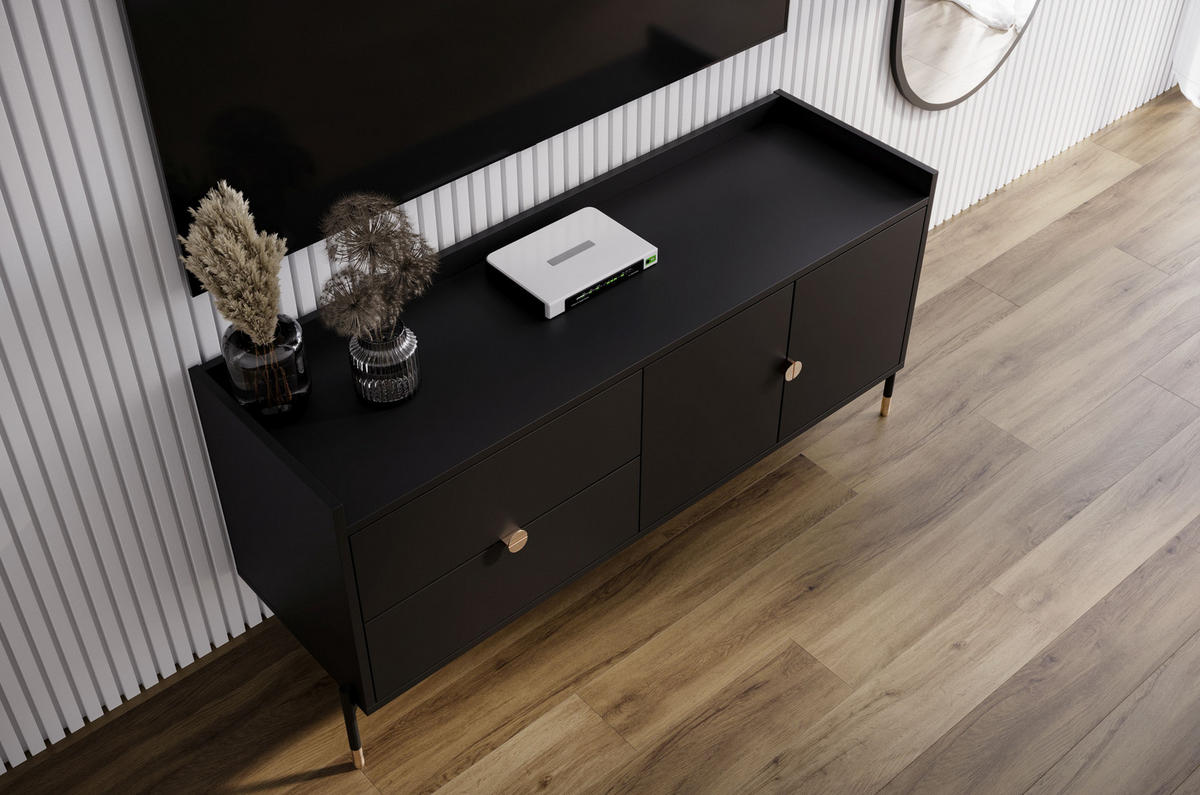 SIDEBOARD Iga, Schwarz, Goldene Details, Schwarz Metallsockel - Schwarz, Holzwerkstoff/Metall (142/65.5/42cm) - Dancan