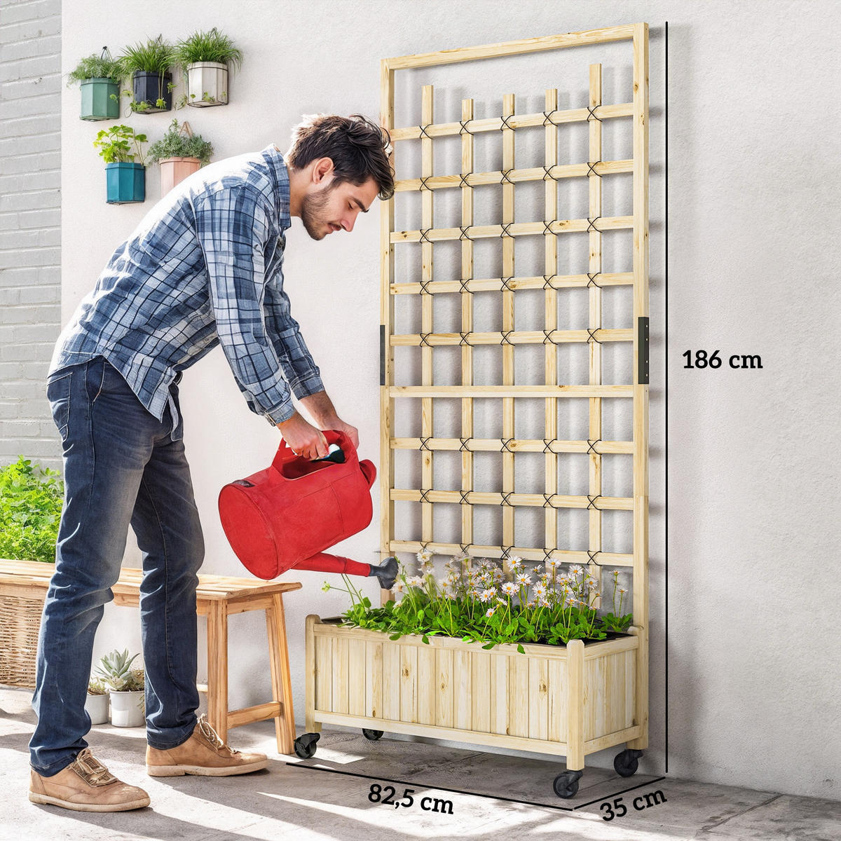 HOCHBEET DE-12253 mit Rankgitter auf Rollen, 82,5/35/186 cm Natur - Naturfarben, Holz (82.5/186/35cm) - ComfortXL