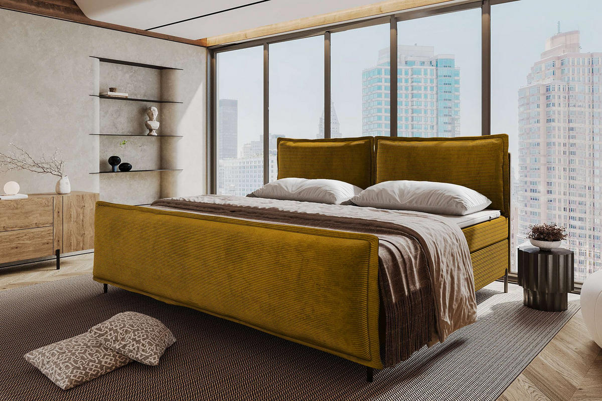 FAMILIENBETT BOXSPRINGBETT VERO PLUS Cordstoff Goldfarben 240/200 cm - Goldfarben/Schwarz, Holzwerkstoff/Textil (240/200cm) - 99rooms