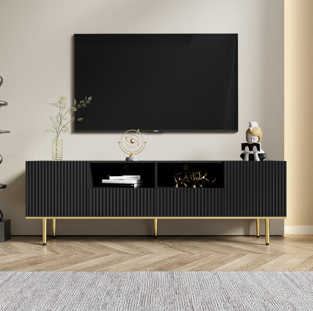 TV-SCHRANK aus Spanplatte 165x36x55 cm Schwarz mit 2 Schubladen, 2 Fächern und griffloser Push-to-Open-Öffnung - Schwarz, Holzwerkstoff (165/55/36cm) - Modfu
