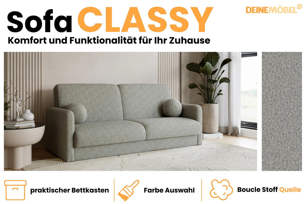 SOFA CLASSY 214cm breit in Boucle Hellgrau - Hellgrau, Holz/Holzwerkstoff (214/93/100cm) - Deine Möbel 24