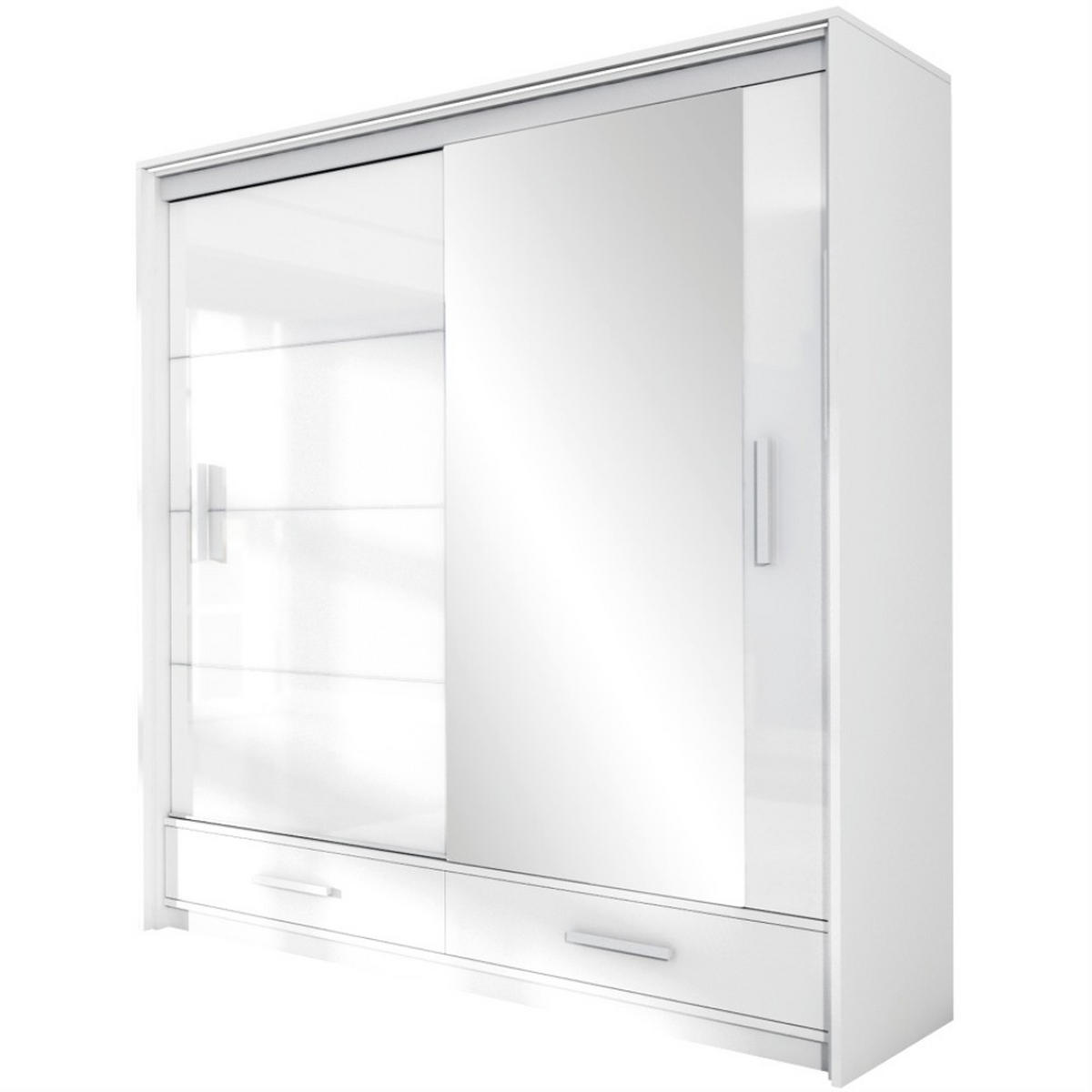 SCHWEBETÜRENSCHRANK Marsylia mit Spiegel und Schubladen, Weiß, 208 cm - Weiß Hochglanz/Weiß, Holzwerkstoff (208/225/61cm) - Beautysofa