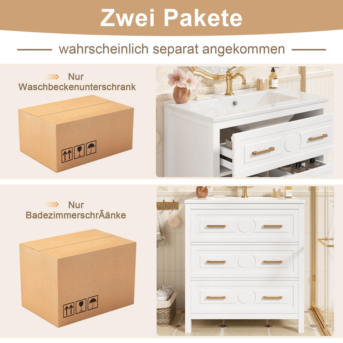 WASCHTISCHKOMBI 76.5/47/82 cm Weiß mit 3 Schubladen, ohne Wasserhahn - Goldfarben/Weiß, Holz/Holzwerkstoff (47/82/76.5cm) - Oxeza