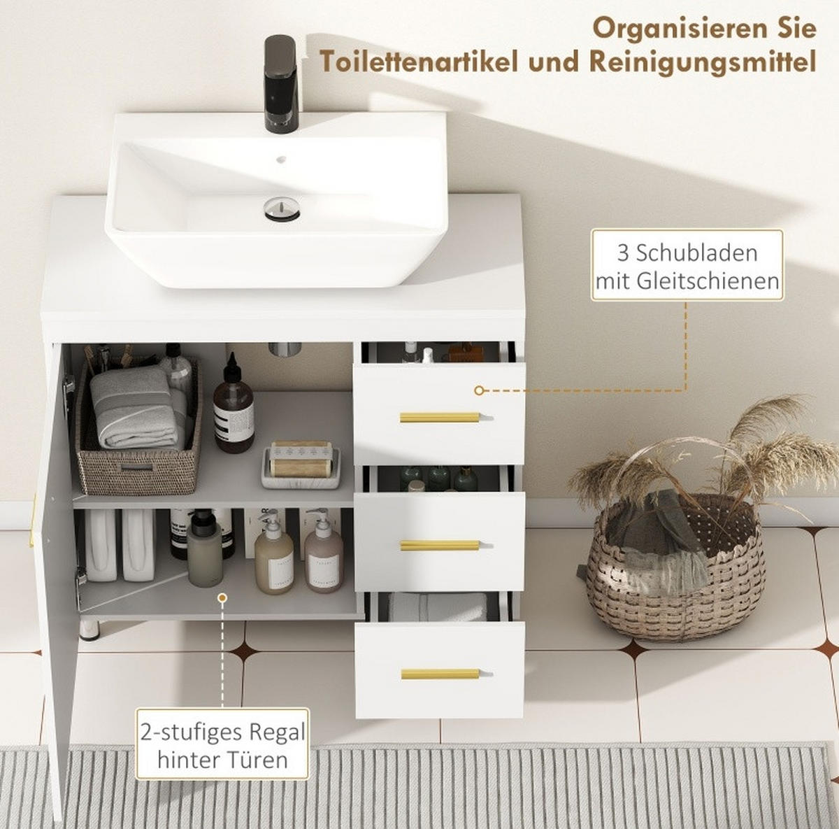 WASCHTISCHKOMBI 70/30/65 cm in Weiß mit 3 Schubladen & Soft-Close - Weiß, Holzwerkstoff (70/65/30cm) - BEAOK