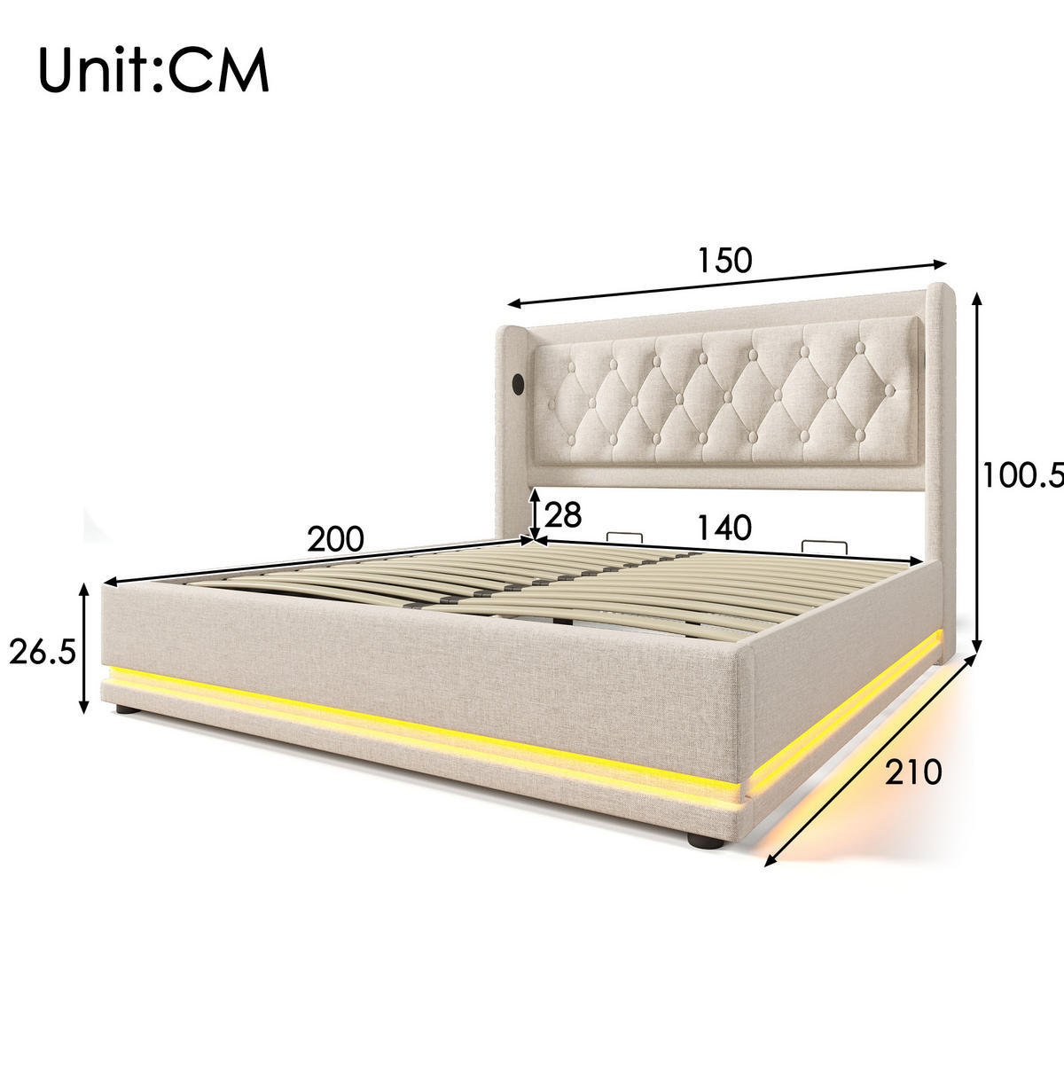 POLSTERBETT 140/200 cm mit LED-Beleuchtung, USB-C, hydraulischem Bettkasten und Matratze, Baumwolle, Beige - Beige, Textil (140/200cm) - Redom