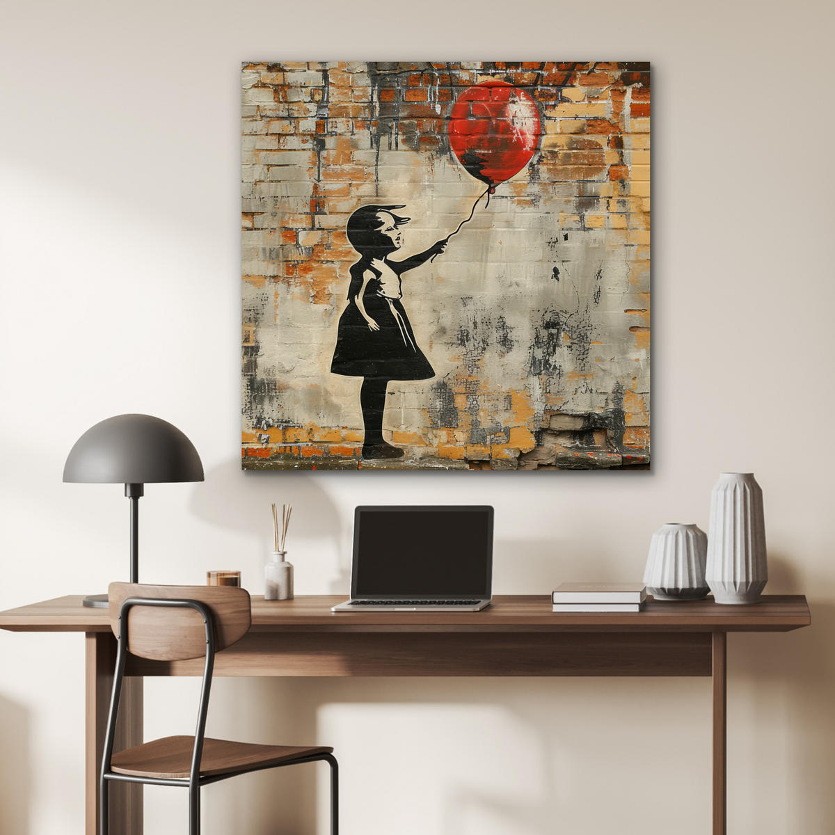 KOVOVÝ OBRAZ Graffiti - Banksy - Dievča - Street art 90x90 cm - piesková, kov (90/90cm) - MuchoWow