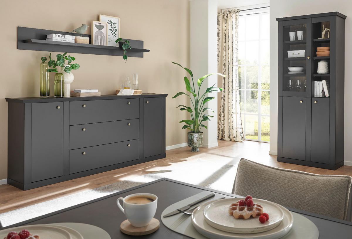 VITRINE schwarz matt, Eiche 86 cm, Vitrinenschrak Landhaus mit Soft-Close - Eichefarben/Messingfarben, Glas/Holzwerkstoff (86/200/39cm) - Furn.Design