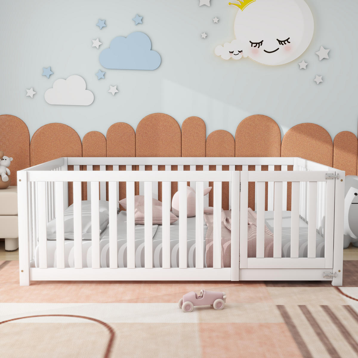 BODENBETT 140/200 cm Weiß mit Zaun und Tür aus Kiefernholz - Weiß, Holz (140/200cm) - OKWISH