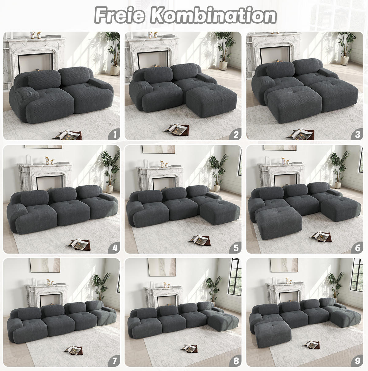 ECKSOFA 208/178/75 cm grau aus Cordstoff modular rahmenlos ohne Montage - Grau, Textil (178/208cm) - OKWISH