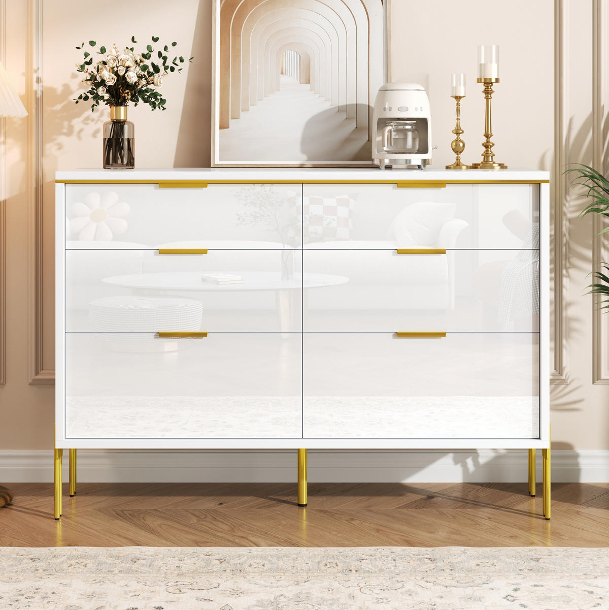 KOMMODE 120/40/85,5 cm aus Spanplatte mit 6 Hochglanz-Schubladen Weiß - Weiß, Holzwerkstoff (120/85.5/40cm) - Modenvie