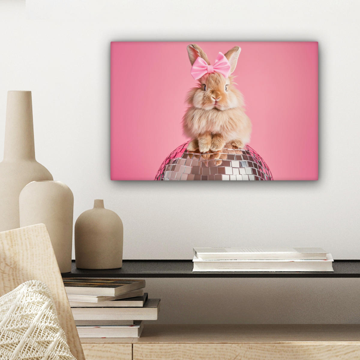LEINWANDBILD Schleife - Discoball - Kaninchen Deko Schlafzimmer 30x20 cm - Pink, Textil (30/20cm) - MuchoWow