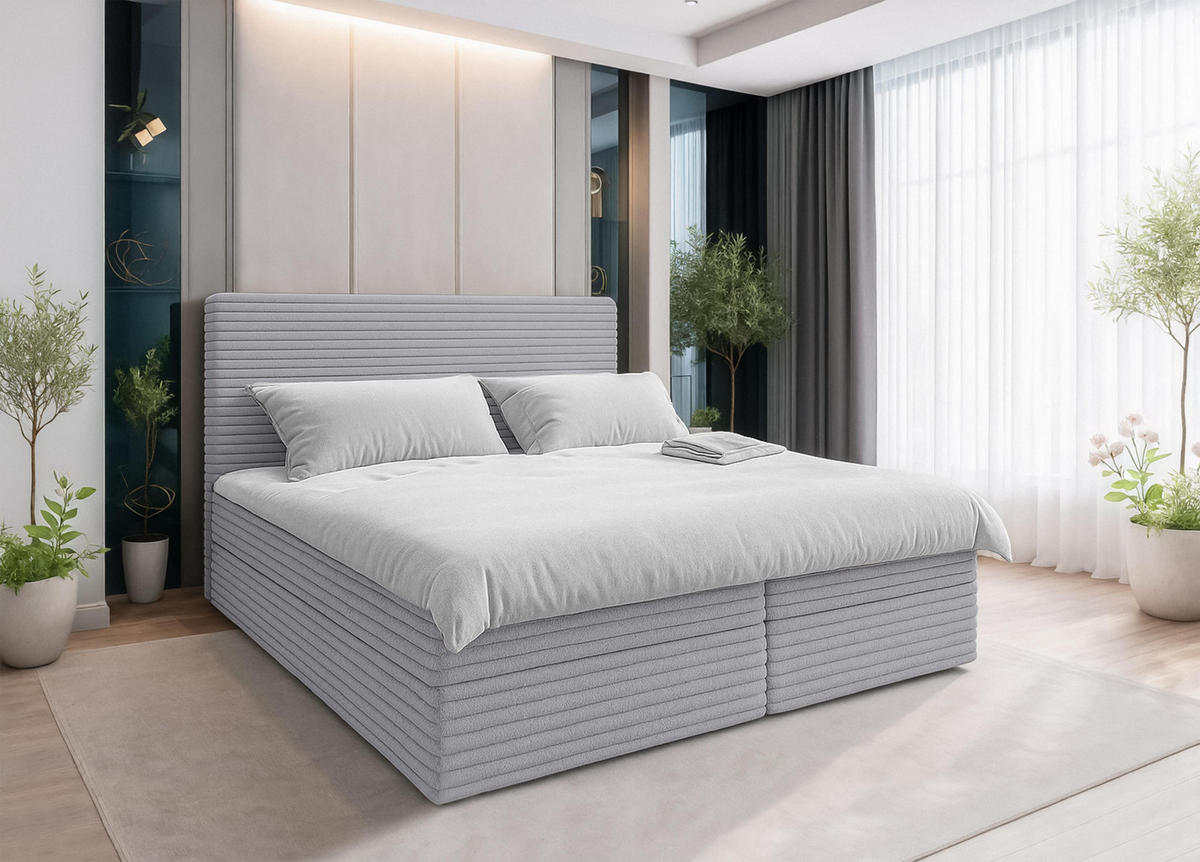 BOXBETT SEVDAYLA 140x200 cm mit Bettkasten und Matratze - Hellgrau - Hellgrau/Schwarz, Holz/Holzwerkstoff (140/200cm) - AX Living