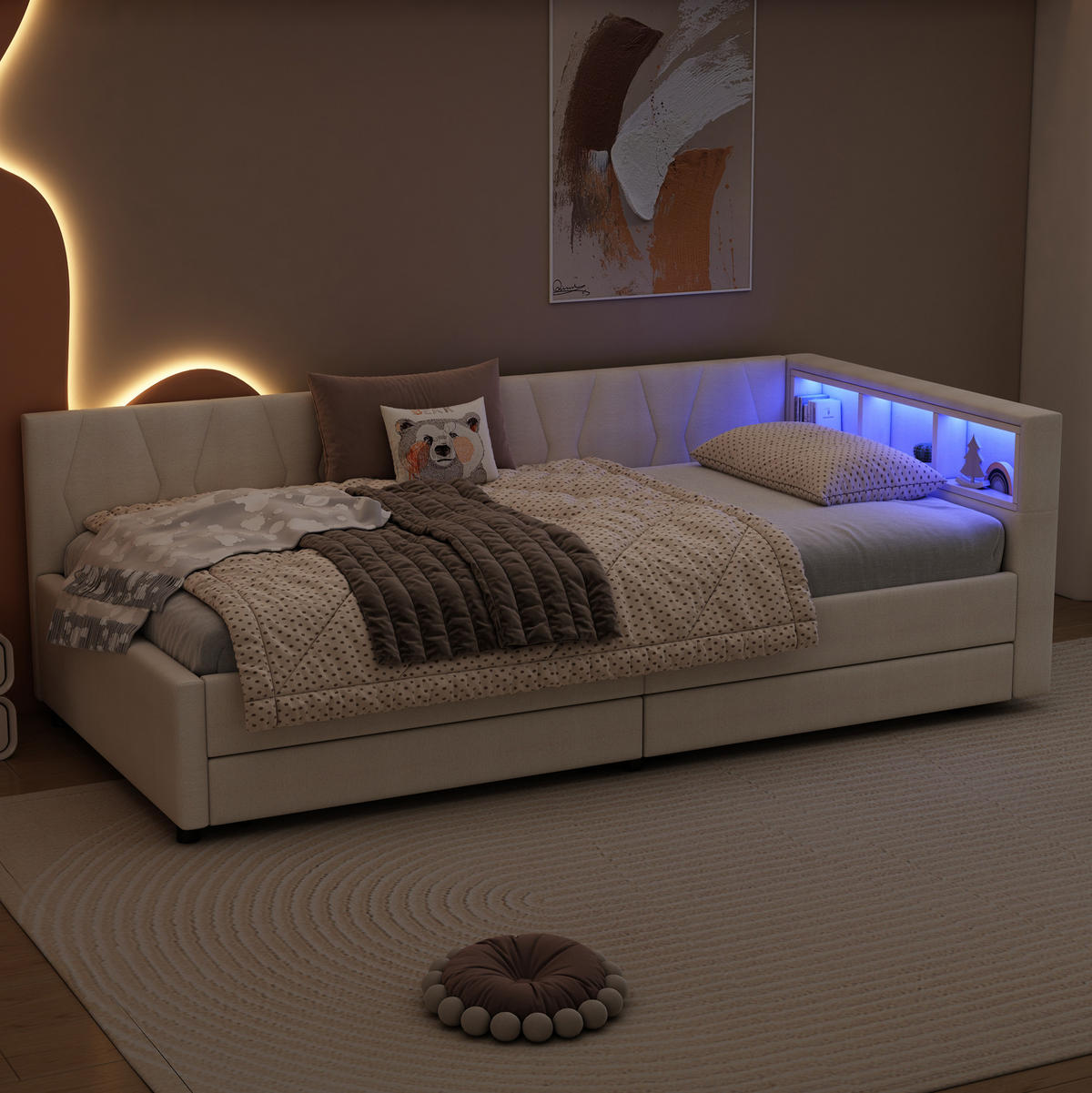 POLSTERBETT 90/200 cm in Beige mit LED-Beleuchtung, 2 Schubladen und USB- und Type-C-Anschlüssen - Beige, Textil (90/200cm) - Flora Grace