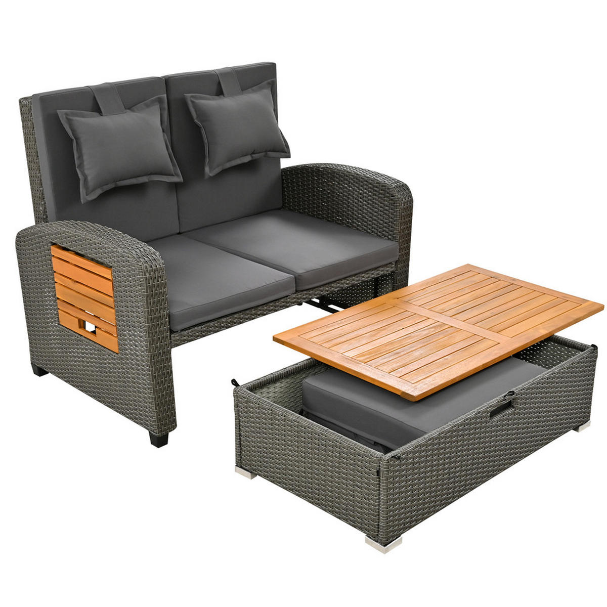 GARTENLOUNGE 2 Personen Grau Rattan verstellbar mit Hocker Kissen - Grau, Metall (53/29.21/84.8cm) - FLIEKS