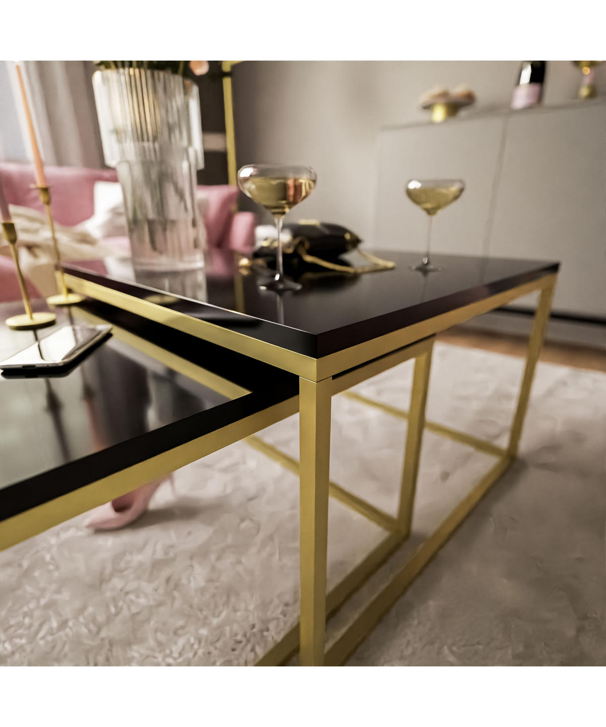 COUCHTISCH YOSHI 2in1 70/70/46 cm Gold matt / Schwarz hochglanz - Schwarz, Holzwerkstoff/Metall (70/70/46cm) - Lookway