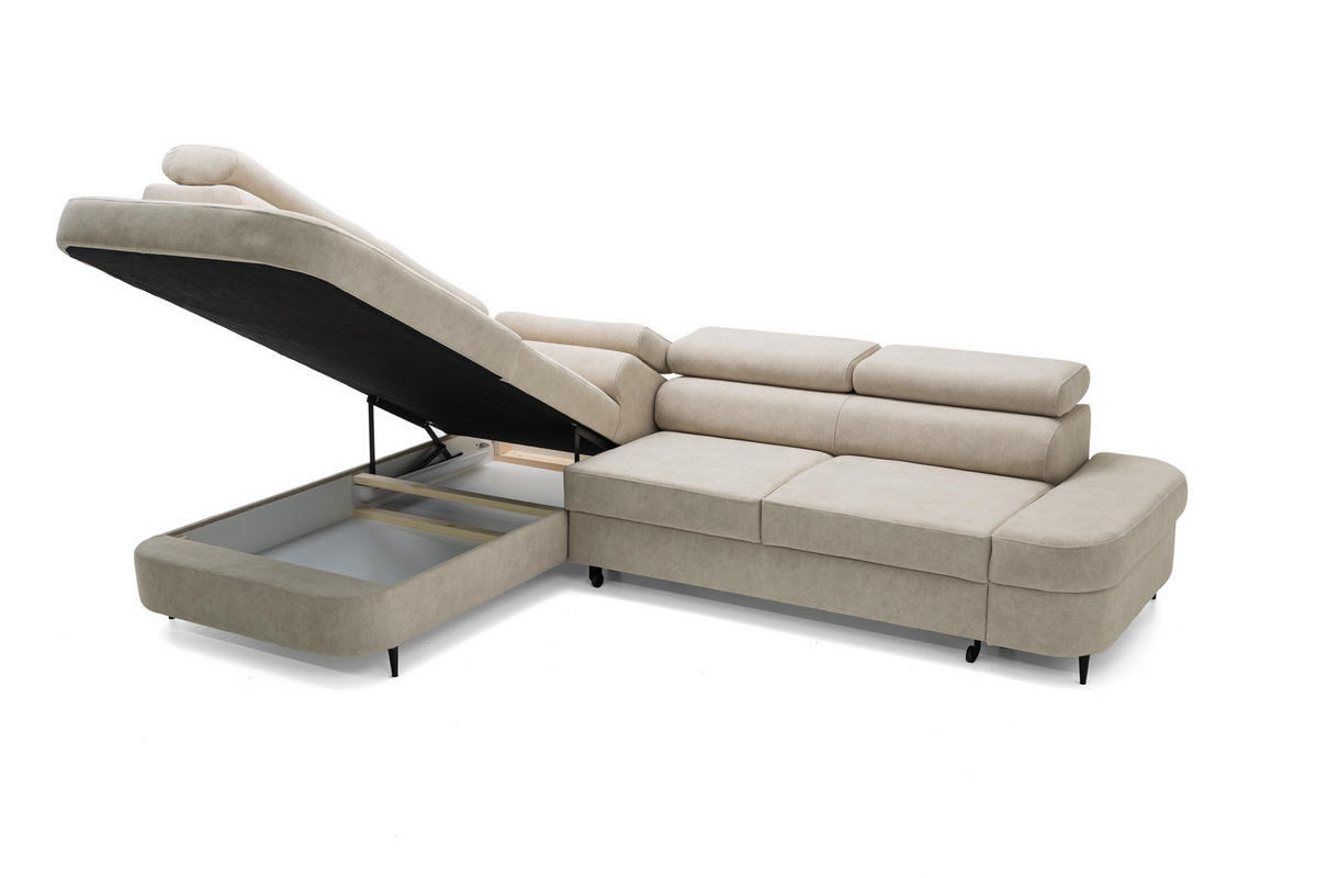 ECKSOFA PRIAM L Links mit Schlaffunktion 125x195 Velours Beige - Beige/Schwarz, Holz/Textil (203/275cm) - Muffo