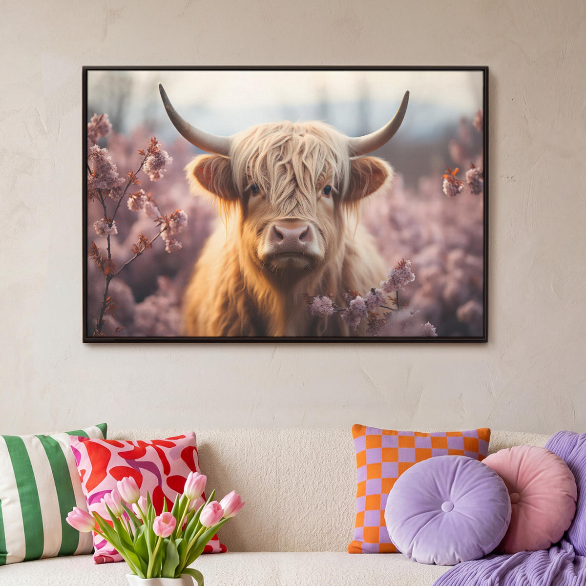 LEINWAND Bilder mit Rahmen - Schottischer Hochländer - Frühling - Hochland - 90x60 - Hellrosa, Textil (90/60cm) - MuchoWow