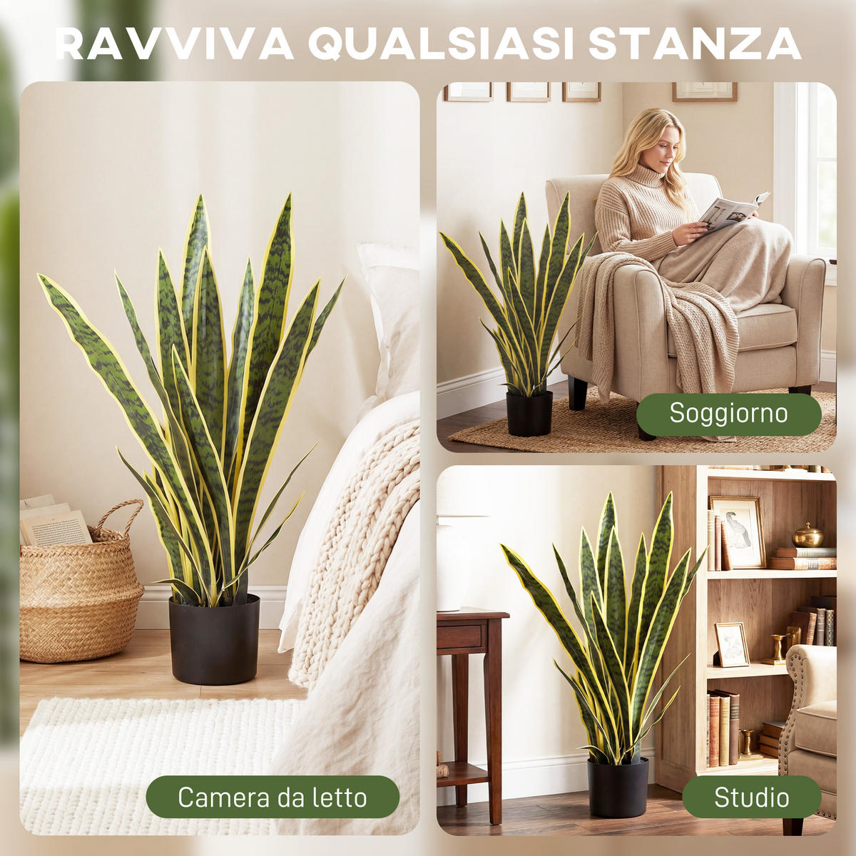 KUNSTPFLANZE, Künstliche Sansevieria, Topf, Ø15x80 cm, realistisch, Grün & Gelb - Multicolor, Kunststoff (77cm) - FORIOUS