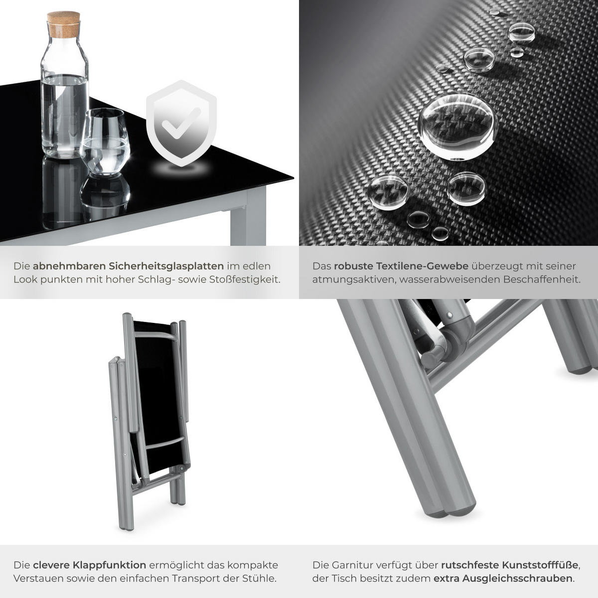 SITZGRUPPE Ercolano,Tisch mit Sicherheitsglasplatten und Ausgleichsschrauben,silber - Silberfarben, Naturmaterialien/Kunststoff - tectake
