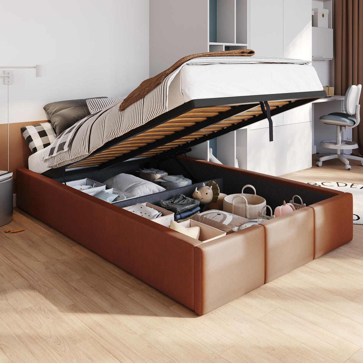 POLSTERBETT für Schlafzimmer Bett mit Stauraum Honigfarbe 120x200cm - Orange/Braun, Holzwerkstoff/Textil (120/200cm) - Muralo