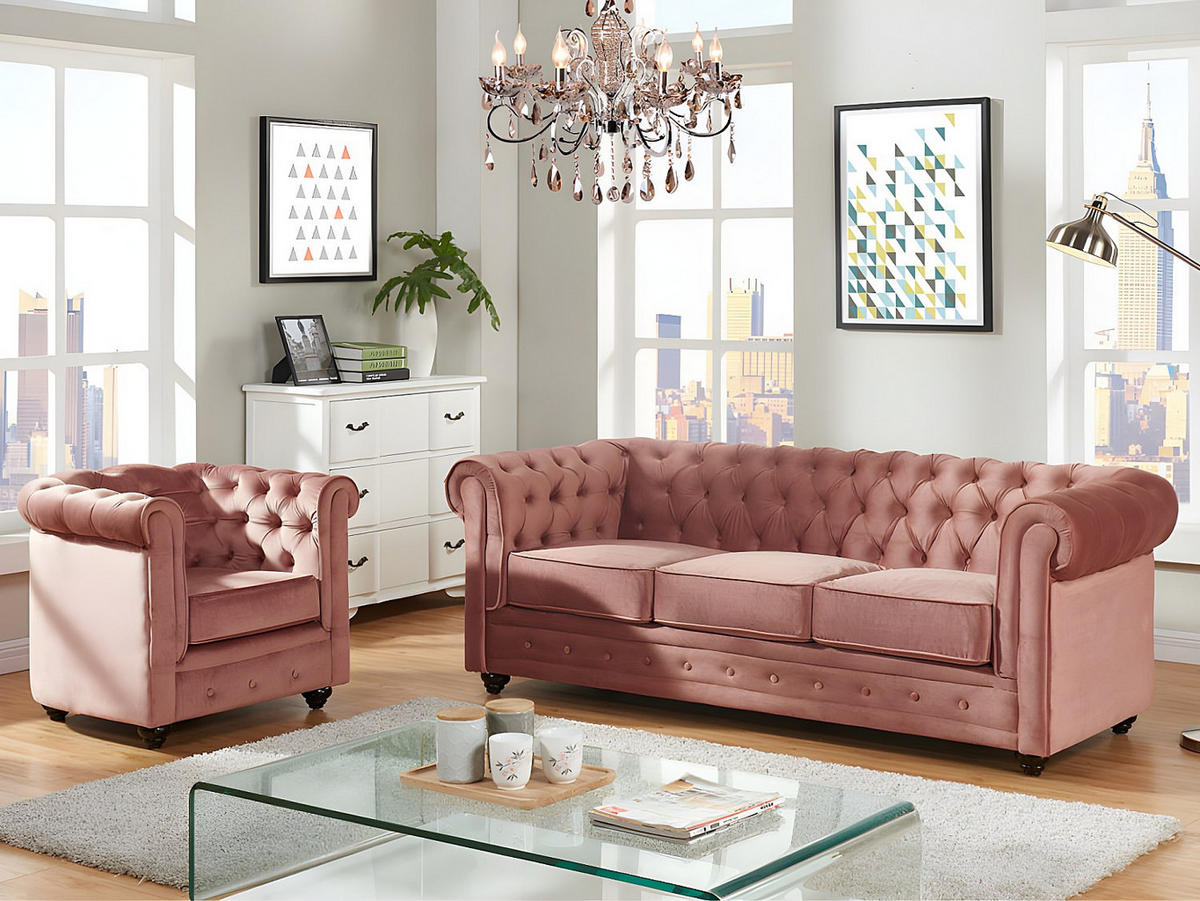 COUCHGARNITUR 3+1 - Samt - Rosa - CHESTERFIELD - Pink, Textil (205/72/88cm) - Vente-Unique