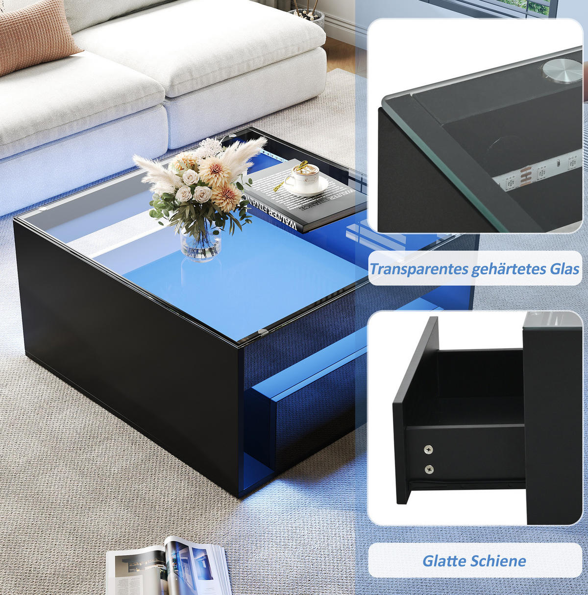 COUCHTISCH 70/70/35 cm schwarz aus MDF und Glas mit LED - Schwarz, Holzwerkstoff (70/70/35cm) - OKMYHOME