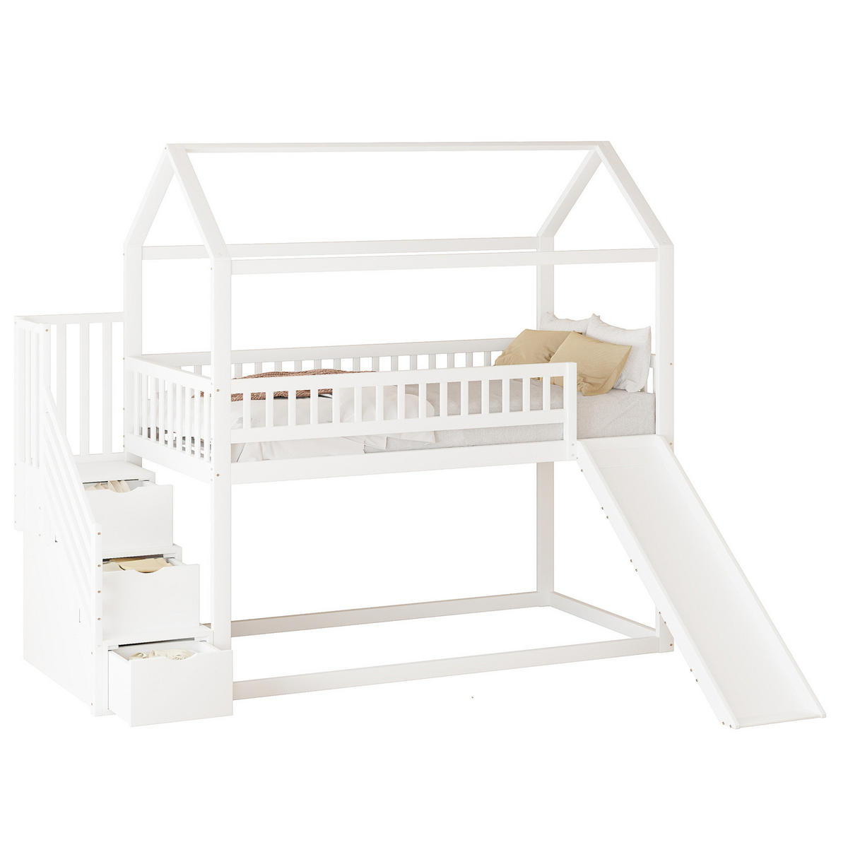 HOCHBETT 90/200 cm mit Rutsche und Stauraumleiter, Massivholz, Weiß mit Matratze - Weiß, Holzwerkstoff (90/200cm) - OKWISH