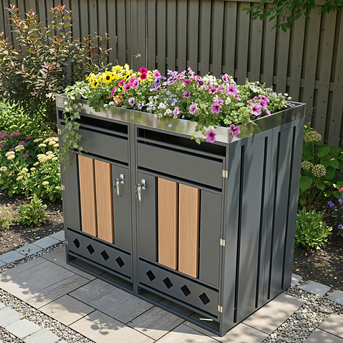 MÜLLTONNENBOX aus Stahl in Grau/Holzoptik mit Pflanzkasten & abschließbaren Türen 132x80x124,5 cm - Grau, Metall (132/124.5/80cm) - Modfu