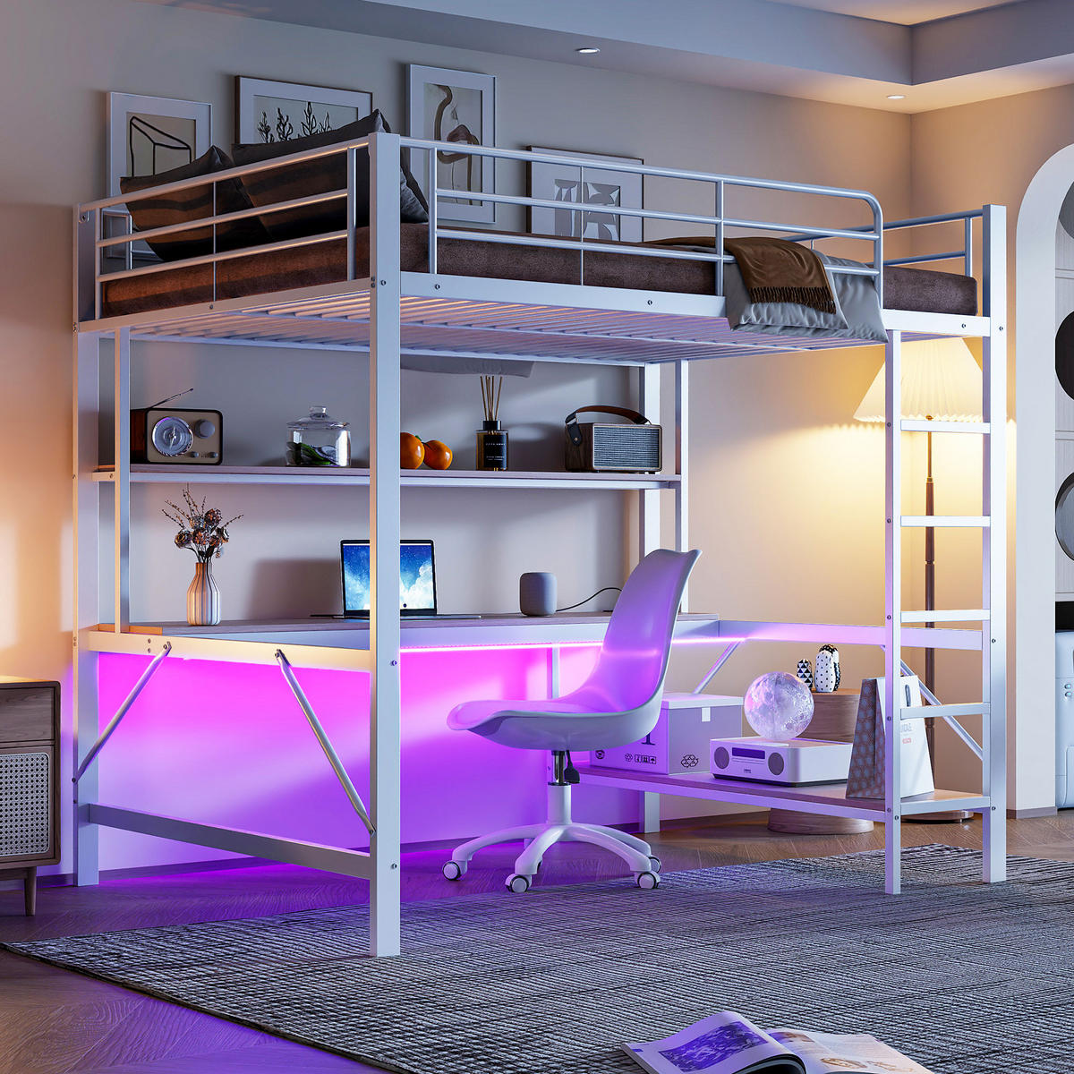 HOCHBETT 140x200cm Weiß Metall LED-Licht Schreibtisch USB - Weiß, Metall (140/200cm) - FLIEKS