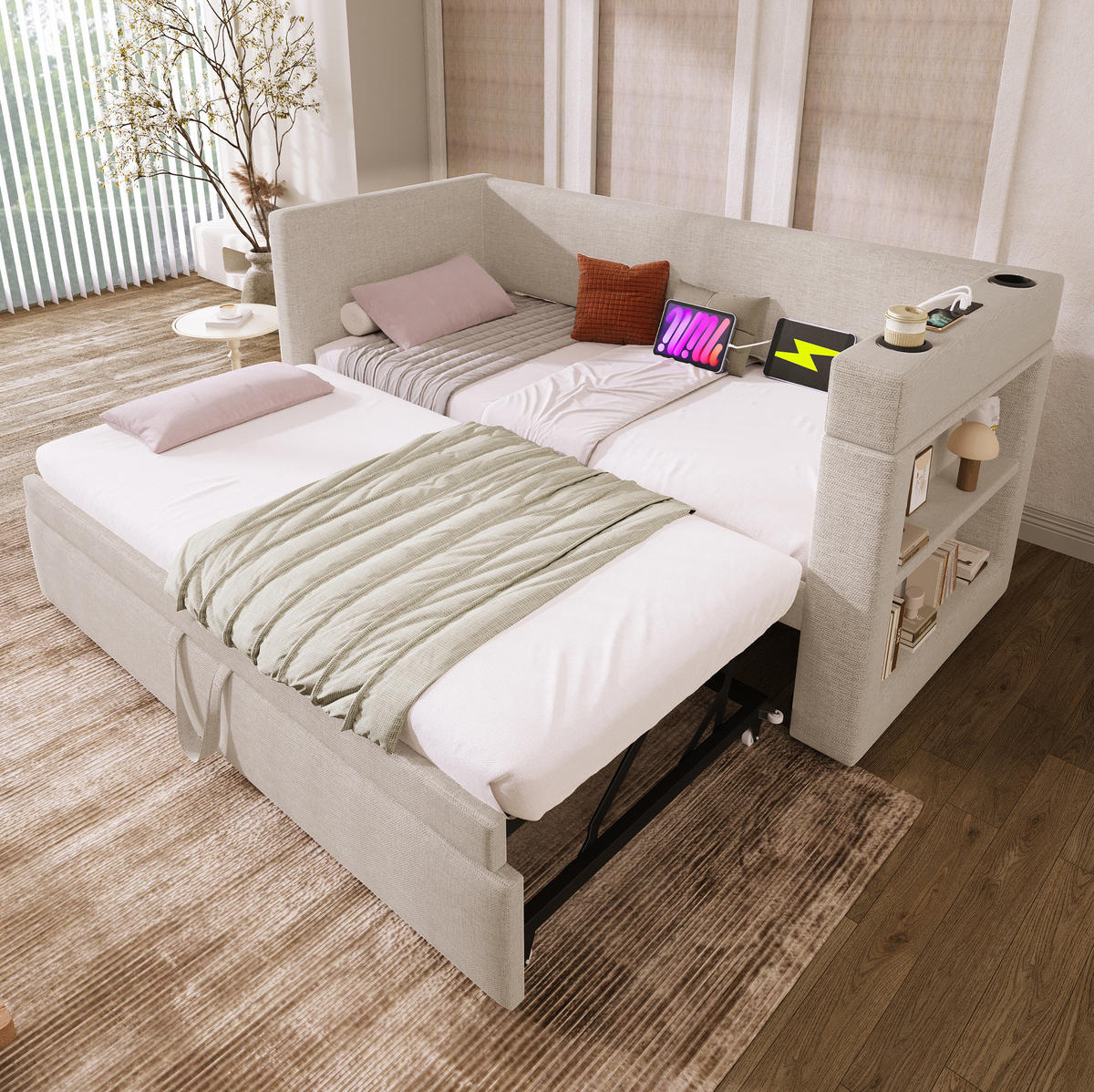 ROZKLÁDACÍ postel 90/190 cm béžová z bavlny a lnu s výsuvným lůžkem a USB nabíjením - béžová, textil (90/190cm) - OKWISH