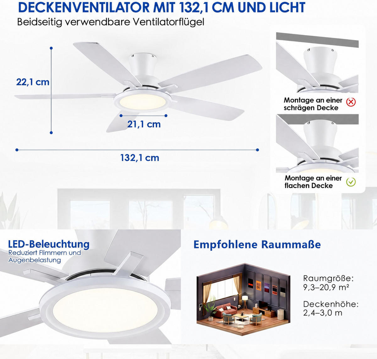DECKENVENTILATOR Weiß 132 cm mit RGB-LED und leisem DC-Motor - Weiß, Metall (132.1/132.1/22.1cm) - Surtime