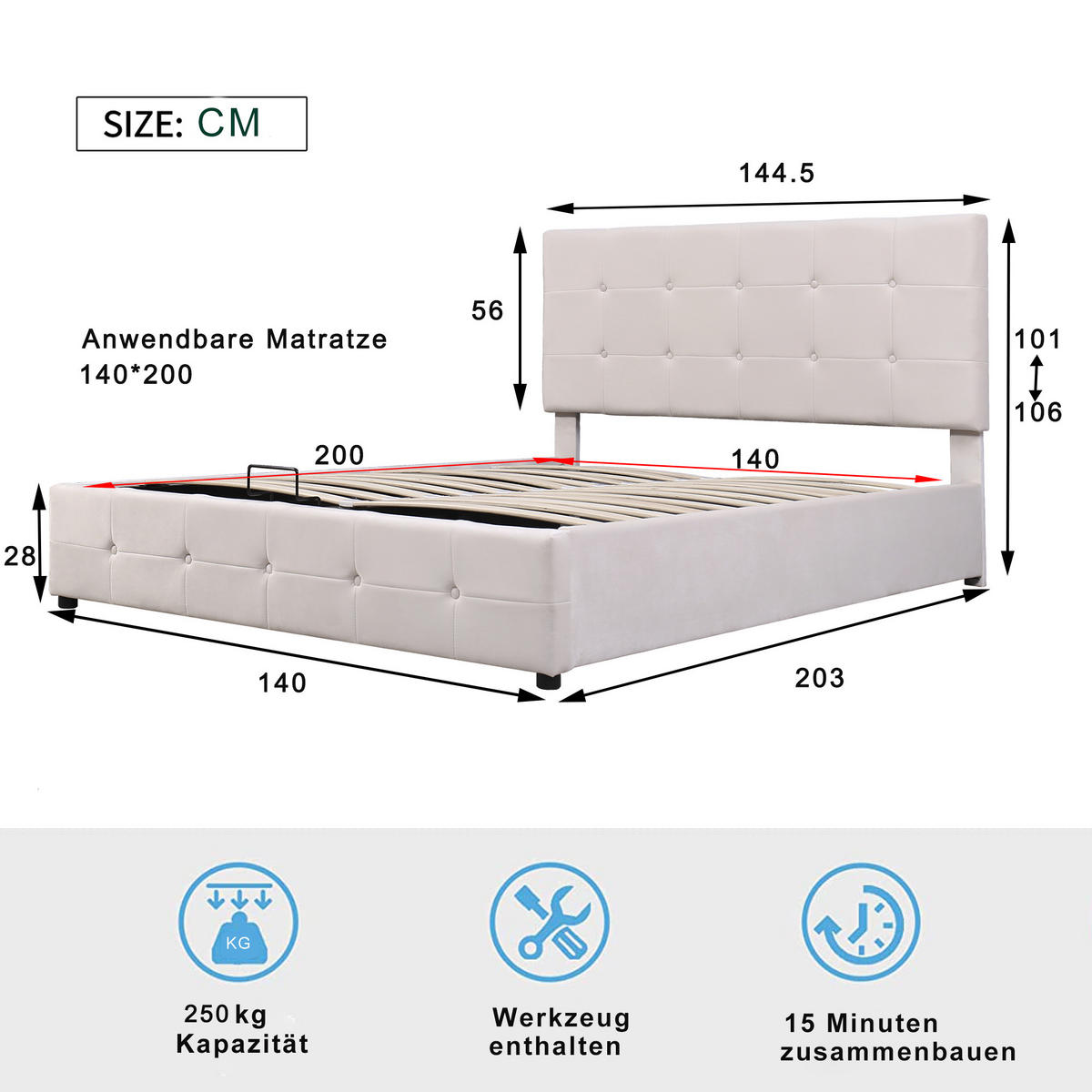 POLSTERBETT 140/200 cm Cremeweiß mit Stauraum aus Samt mit hydraulischem Bettkasten - Weiß, Textil (140/200cm) - OKWISH