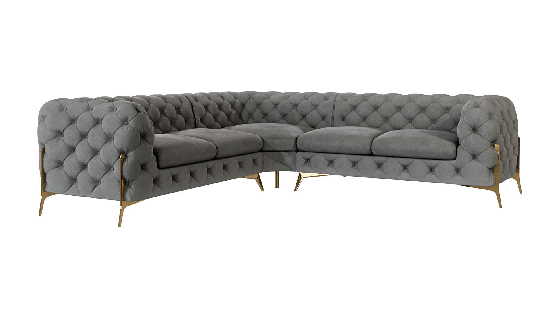 S-Style CHESTERFIELD ROHOVÁ SEDAČKA Lexi ze šedého sametu se zlatými nohami