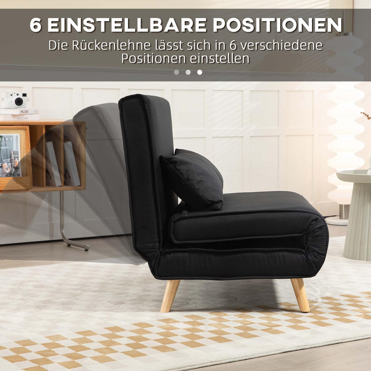 SCHLAFSESSEL, 2-in-1 Schlafsofa mit Bettfunktion, Zierkissen bis 350 kg Schwarz - Schwarz/Naturfarben, Holz/Textil (78/80/94cm) - HOMCOM