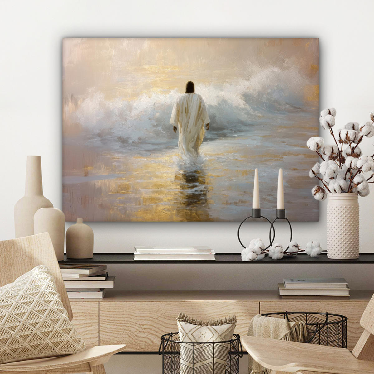 LEINWANDBILD Gemälde - Welle - Jesus - Abstrakt Wandbilder 80x60 cm - Goldfarben, Textil (80/60cm) - MuchoWow