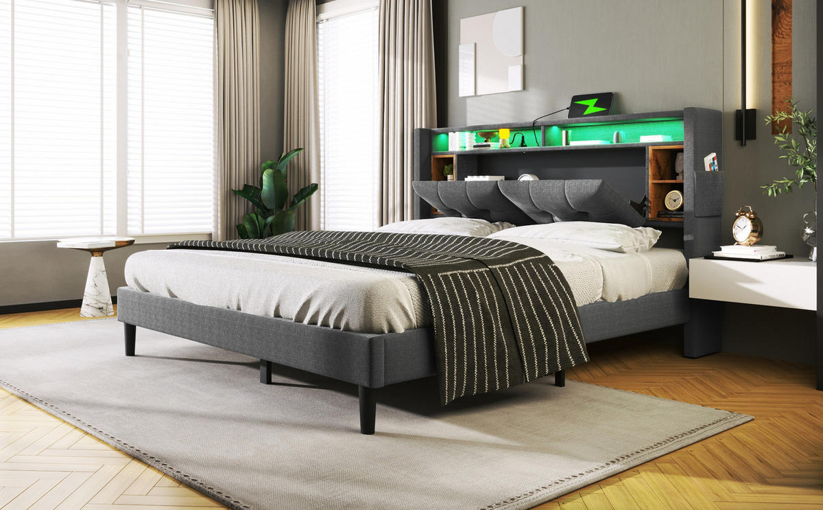 POLSTERBETT 140/200 cm mit LED, USB und Stauraum-Kopfteil in Grau - Grau, Holz (140/200cm) - BEAOK