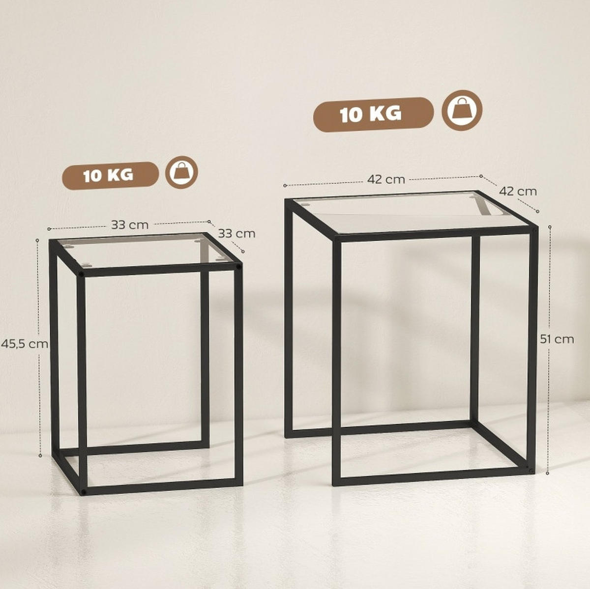 BEISTELLTISCH 2er-Set 42/42/51 cm in Schwarz, stapelbar mit Glasplatte - Schwarz, Glas (42/42/51cm) - Flora Grace