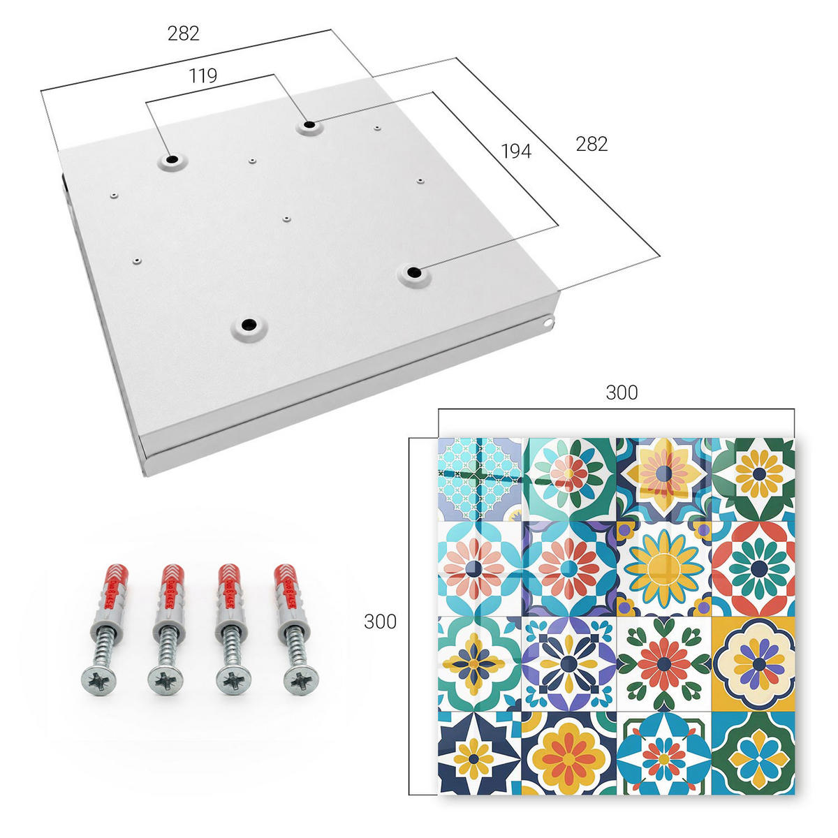 SCHLÜSSELBOX Weiß 30x30 cm – Türöffnung nach rechts - Blumenmuster - Blau, Metall (30/30/5cm) - TULUP