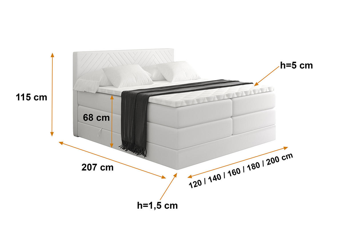 BOXSPRINGBETT mit Matratze H3|H4 und Lattenrost - VEXA KING-160x200 - Weiß - Weiß, Holzwerkstoff (160/200cm) - ALTDECOR