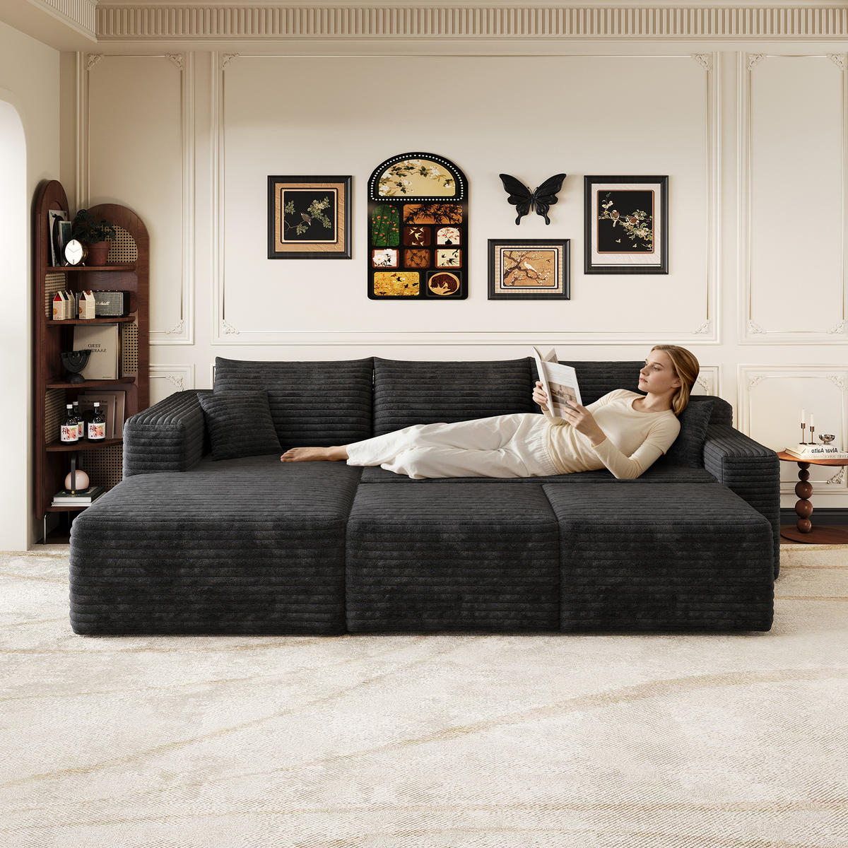 WOHNLANDSCHAFT Cord Schwarz ohne Montage - Schwarz, Textil (241/58/151cm) - WISHDOR