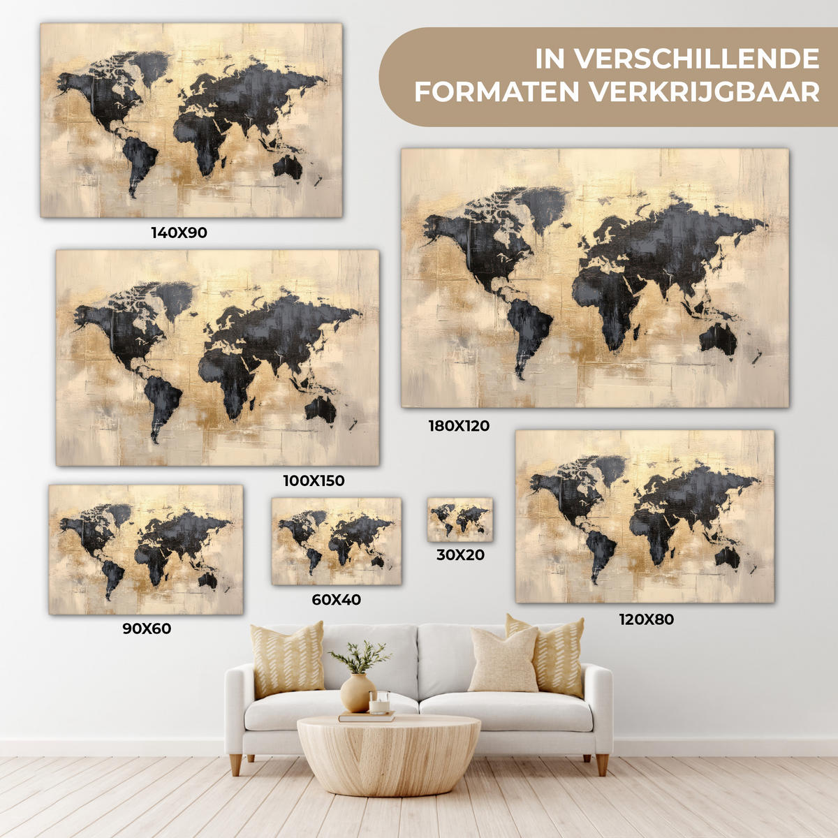 LEINWANDBILD Weltkarte - Gold - Schwarz - Abstrakt Wohnzimmer Groß 120x80 cm - Kupferfarben, Textil (120/80cm) - MuchoWow