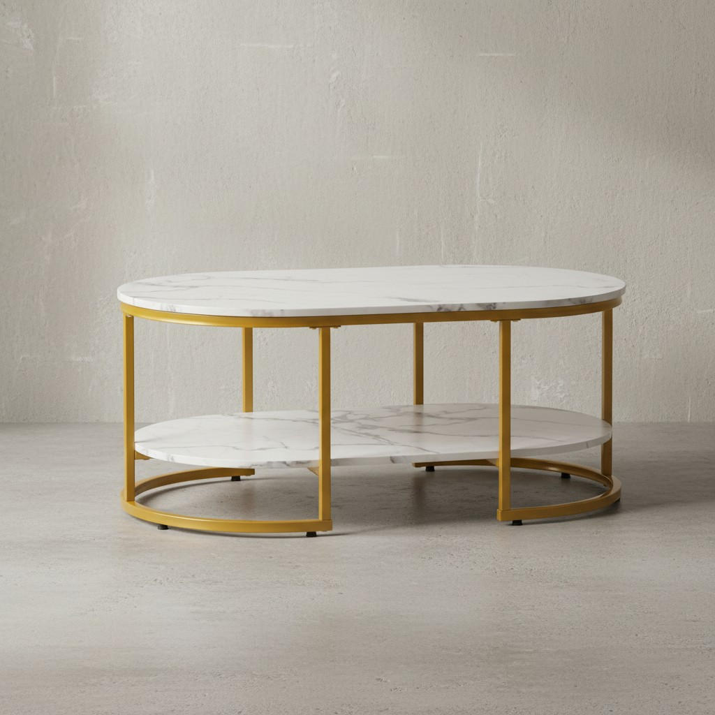 COUCHTISCH mit Marmor Optik, rechteckig, Ablage, goldenes Metallgestell, Weiß 100x60x45 cm - Goldfarben/Weiß, Holzwerkstoff/Metall (60/100/45cm) - KADIMA DESIGN
