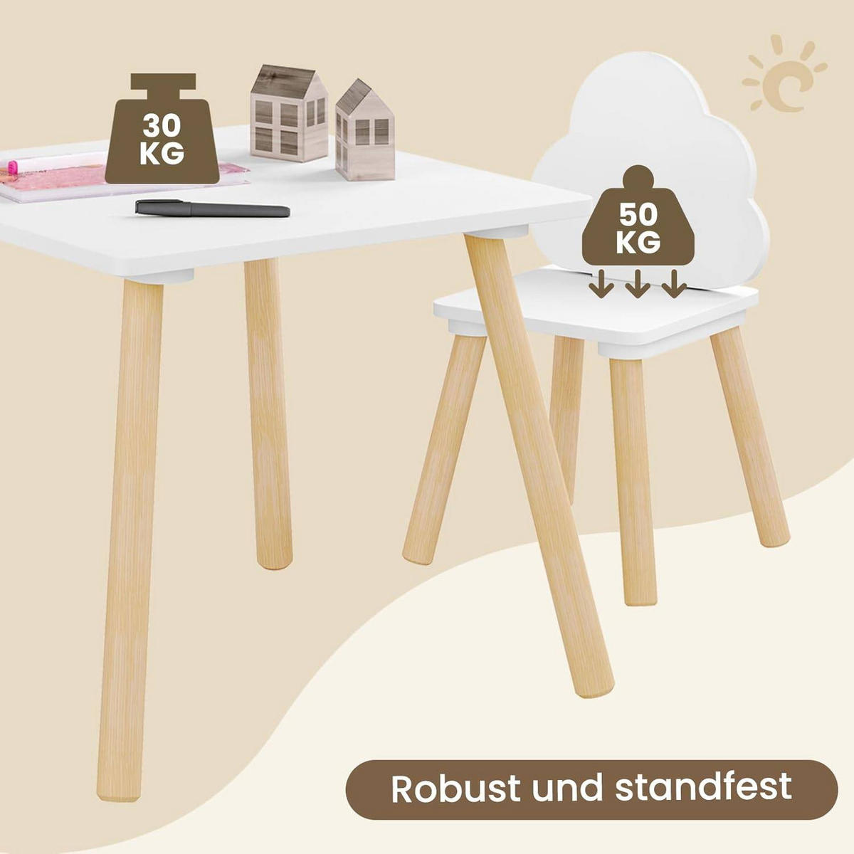 KINDERSITZGRUPPE quadratischer Tisch, Weiß - Naturfarben/Weiß, Holz/Holzwerkstoff (50/44/50cm) - Woltu