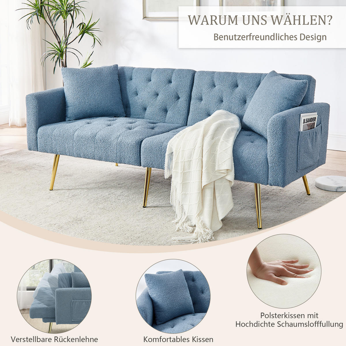 SCHLAFSOFA 177/78/74 cm in Blue Teddyfell mit Aufbewahrungstasche - Blau, Textil (177/74/78cm) - Oxeza