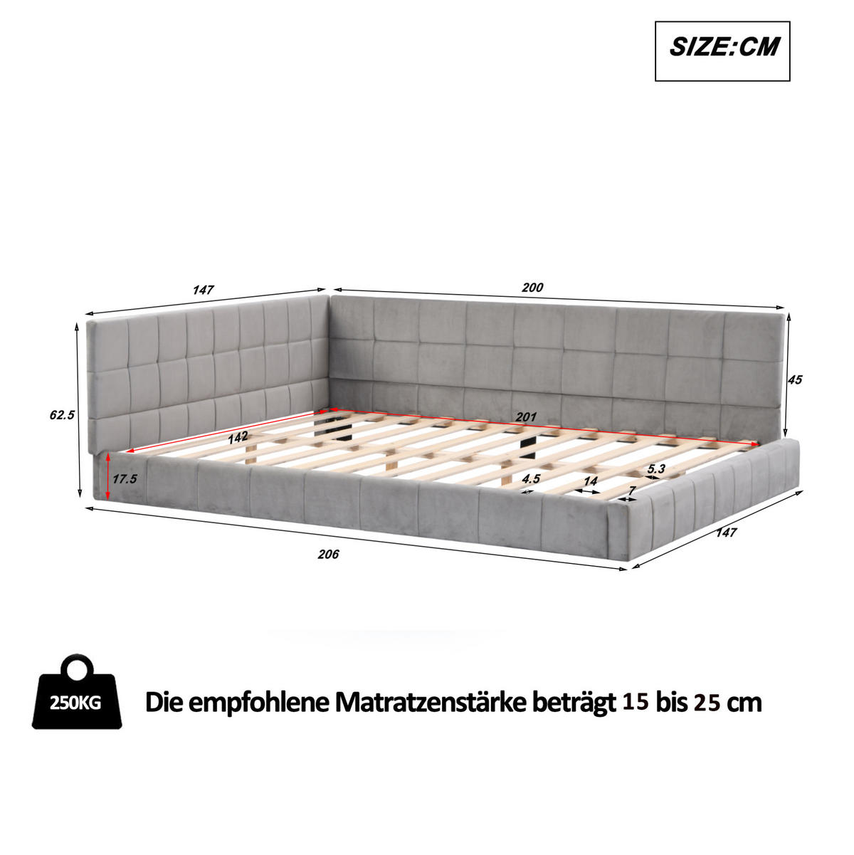 DENNÁ posteľ z čalúneného textilu 140x200 cm sivá s roštom, opierkou chrbta a výmennou bočnicou - sivá, koža (140/200cm) - Modfu