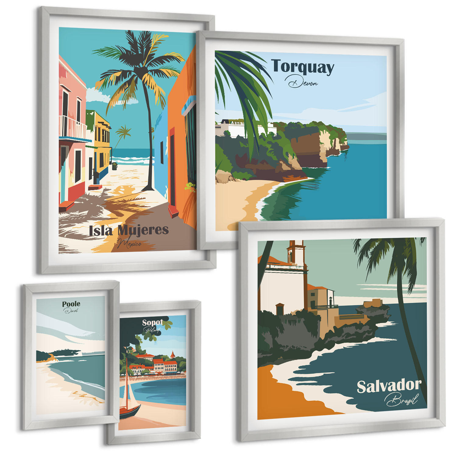 BILDER SET 5er Set - 50x50 cm & 20x30 cm & 40x60 cm Silberner Rahmen - Retro-Ansichten von Städten auf der ganzen Welt - Silberfarben, Kunststoff (40/60cm) - TULUP