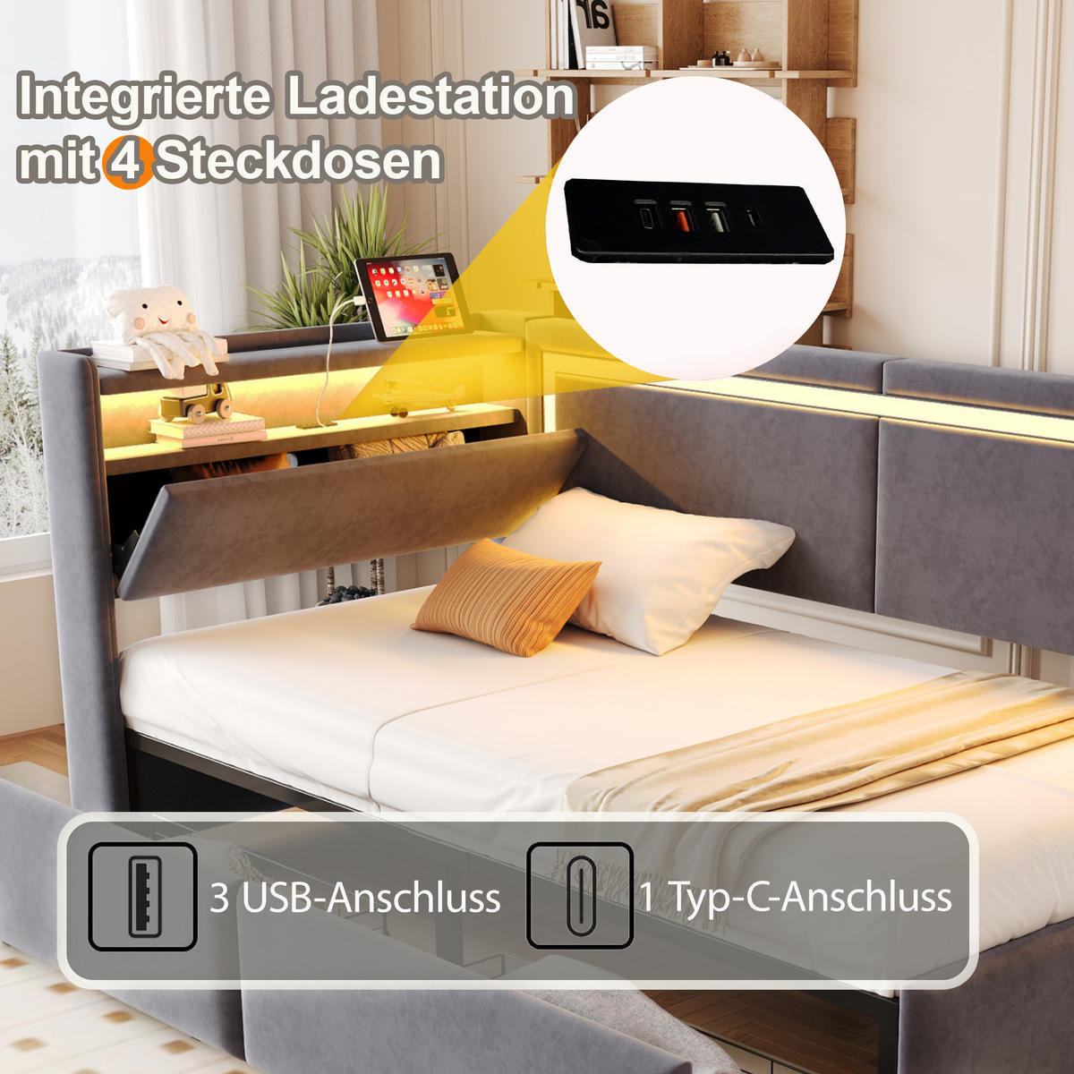 SCHLAFSOFA 90/200 cm in Dunkelgrau Samt mit Schubladen, LED und USB - Dunkelgrau, Holzwerkstoff/Textil (90/200cm) - WISHDOR