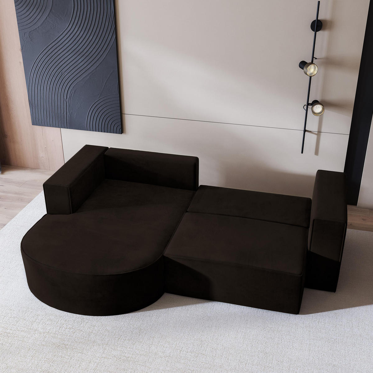 ECKSOFA SORELA M L-S Braun Velours-Stoff mit Schlaffunktion - Braun, Holz (263/174cm) - MASSENO